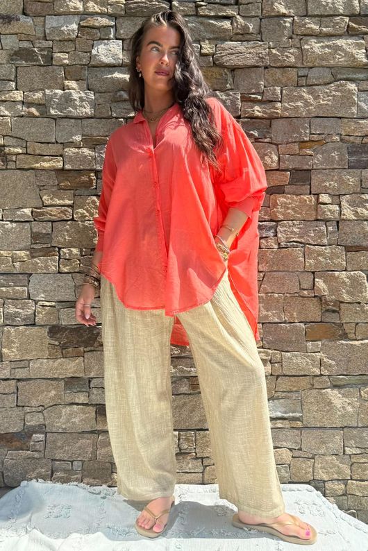 Shayle Indian Cotton Boyfriend Beach Shirt Watermelon